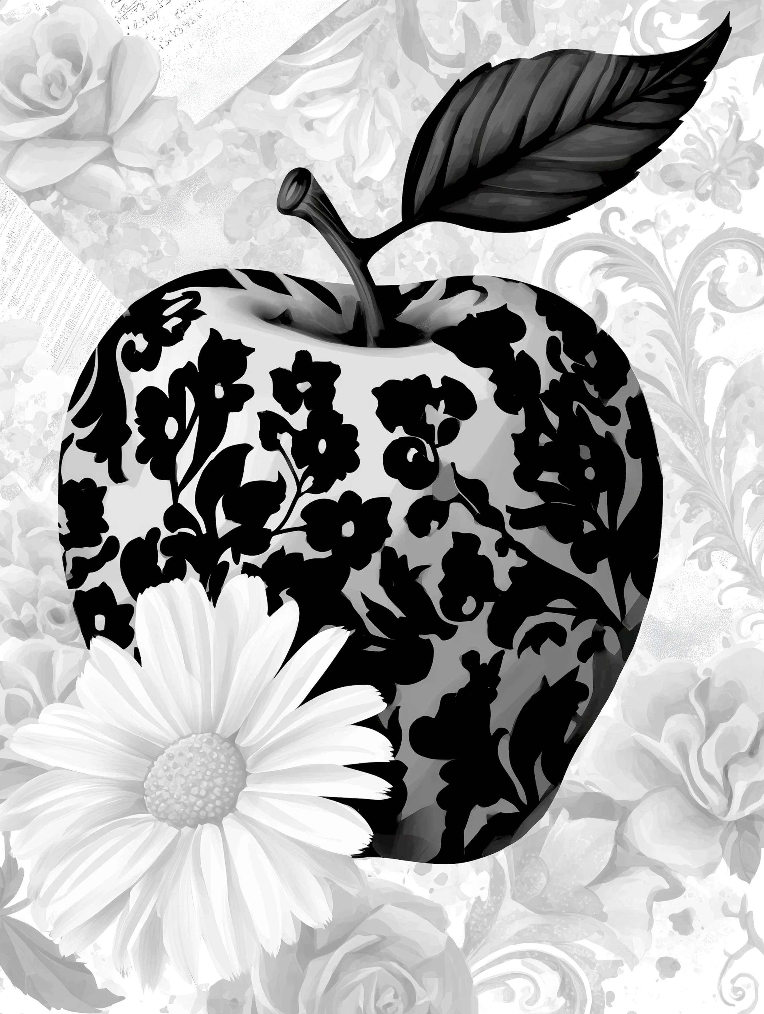 Free printable apple coloring page for adults featuring black stamps on an apple